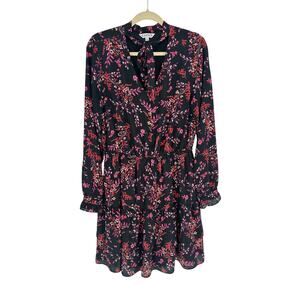 Nanette Lepore Black Pink Floral Long Sleeve Dress Tiered Ruffled Feminine 14
